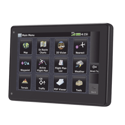 Navegador portátil aera 760, muestra información de trafico aéreo y una excelente visualización por medio de su  pantalla con visión 3D  touch screen.