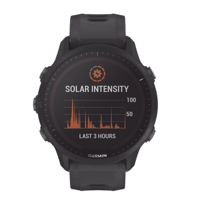 Reloj Garmin Forerunner 955 solar color negro en correa de silicón, con funciones premium de entrenamiento.