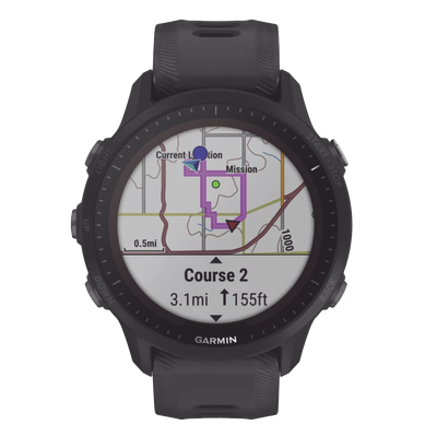 Reloj Garmin Forerunner 955 solar color negro en correa de silicón, con funciones premium de entrenamiento.