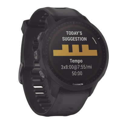 Reloj Garmin Forerunner 955 solar color negro en correa de silicón, con funciones premium de entrenamiento.
