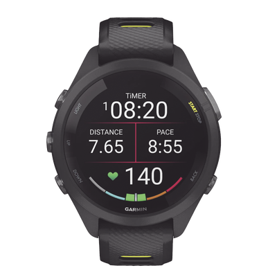 Forerunner® 265S, Bisel y carcasa en negro con correa de silicona en negro/amarillo