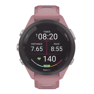Forerunner® 265S, Bisel negro con carcasa en rosa y correa de silicona en rosa/gris