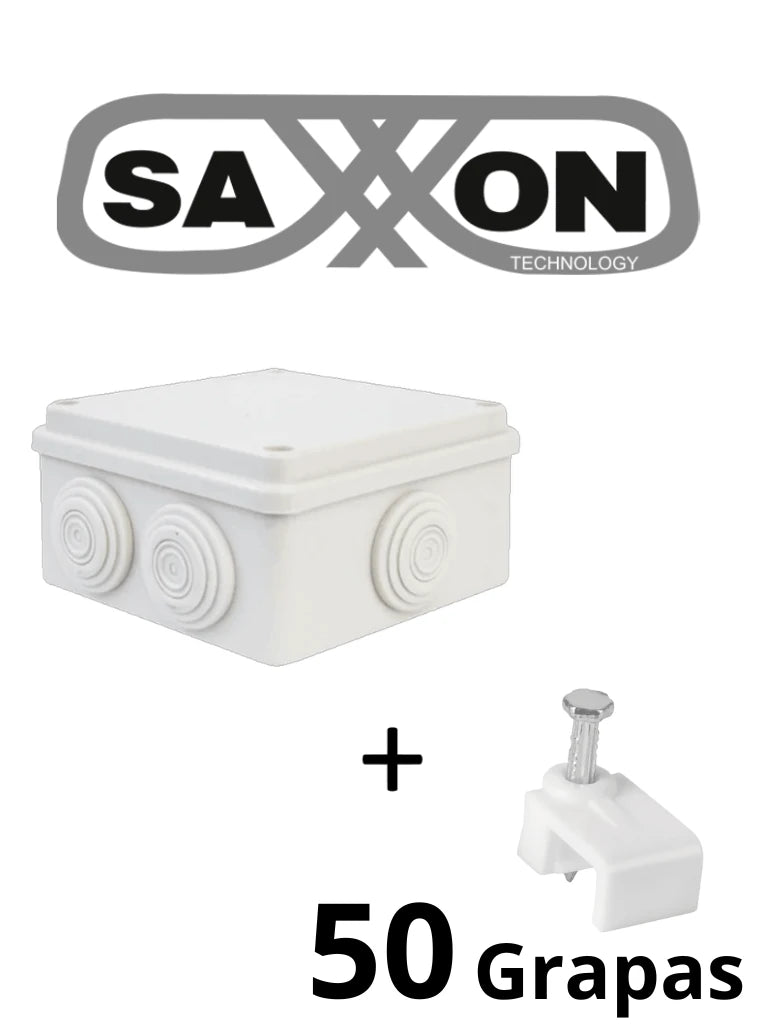 SAXXON SWD015LMG5MMC - Paquete de Caja de Conexiones 8 Entradas 150x150x70mm con Bolsa de Grapas Cuadradas de Pared de 6mm de alto Color Blanco 50 piezas