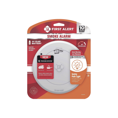 Alarma de Humo First Alert SM210L / Sensor Fotoelectrico / Batería de Litio Sellada de 10 Años / Luz de Seguridad / Rango de Temperatura 4.4°C a 37.8°C/ Cumple UL217, CSFM, NFPA 72, NFPA 101, ICC