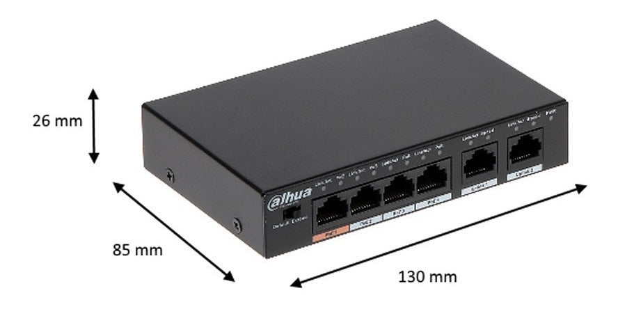 DAHUA PFS3006-4ET-60 - Switch PoE de 6 Puertos Fast Ethernet/ 4 Puertos PoE/ 2 Puertos Uplink/ 60 Watts Totales/ Soporta PoE Watchdog/ Puerto 1 Soporta Hi-PoE 60 Watts/ Capacidad de Switching de 1.8 Gbps/