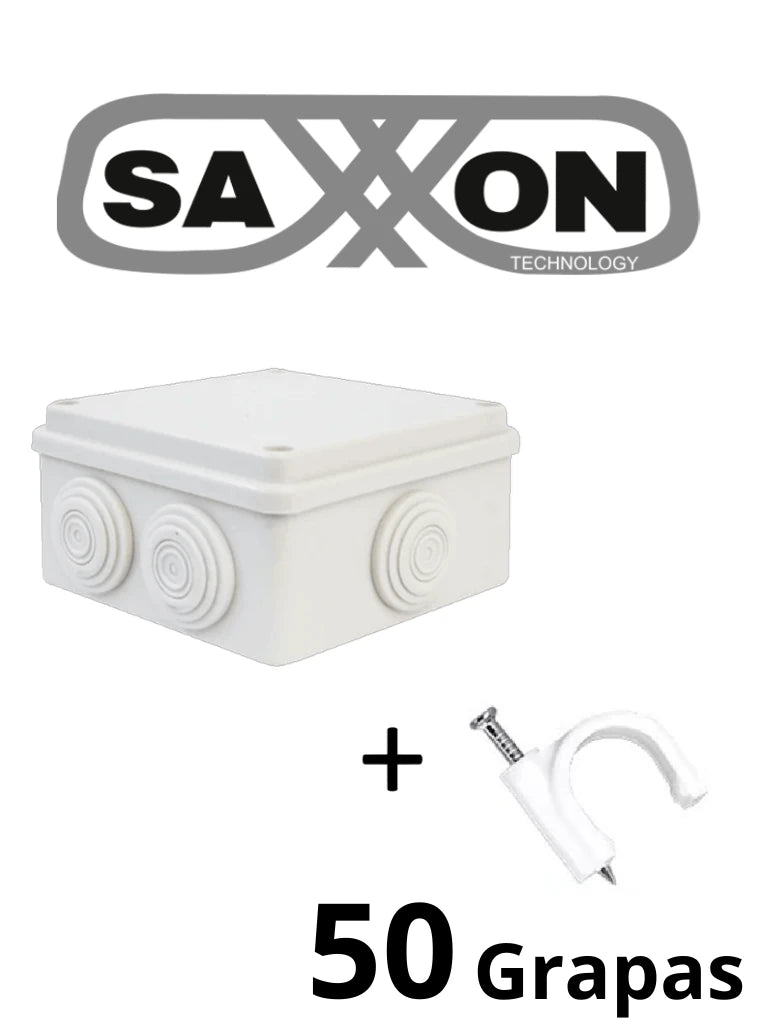 SAXXON SWD010LMGNCC5MMR - Paquete de Caja de Conexiones 7 Entradas 100x100x70mm con Bolsa de Grapas Redondas de Pared de 6mm de alto Color Blanco 50 piezas