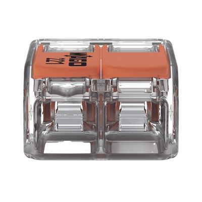 Borna de Conexión / Serie 221 / Palancas Naranja / 2 Conductores 4 mm² / Carcasa Transparente / 300V 20A / T85 / UL ENEC Certificado