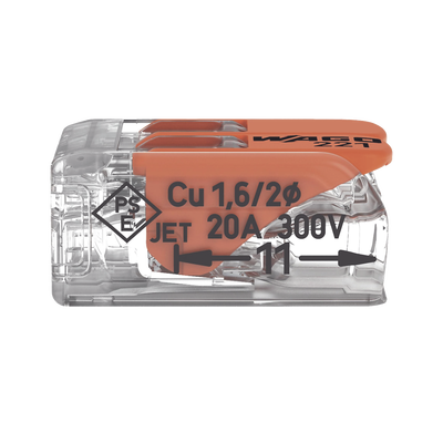 Borna de Conexión / Serie 221 / Palancas Naranja / 2 Conductores 4 mm² / Carcasa Transparente / 300V 20A / T85 / UL ENEC Certificado