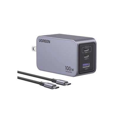 Cargador de 100W serie Nexode Pro | 3 Puertos de Carga Rápida | 2 USB-C | 1 USB-A | Tecnología GaNInfinity | PD3.1 de 100W / QC4.0 | Tecnología de Protección Térmica | Optimiza la Carga | Caja de Aluminio | Incluye Cable