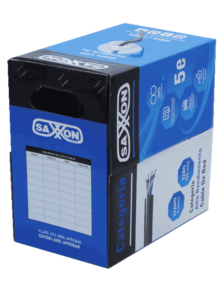 SAXXON OUTPCAT5E100M - Bobina de Cable UTP Cat5e 100% Cobre/ 100 Metros/ Color Gris/ Uso Interior/ 4 Pares/ Soporta Pruebas de Rendimiento/ Ideal para Cableado de Redes y Video/