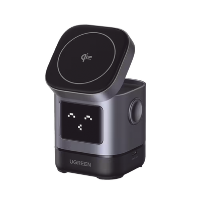 Cargador Inalámbrico Robot 2 en 1 UGREEN Qi2 / 15W Ultra Rápido para iPhone / 5W para AirPods / Pantalla Inteligente con Expresiones / Imanes N48H / Puerto USB-C 5W para Apple Watch / Compatibilidad MPP