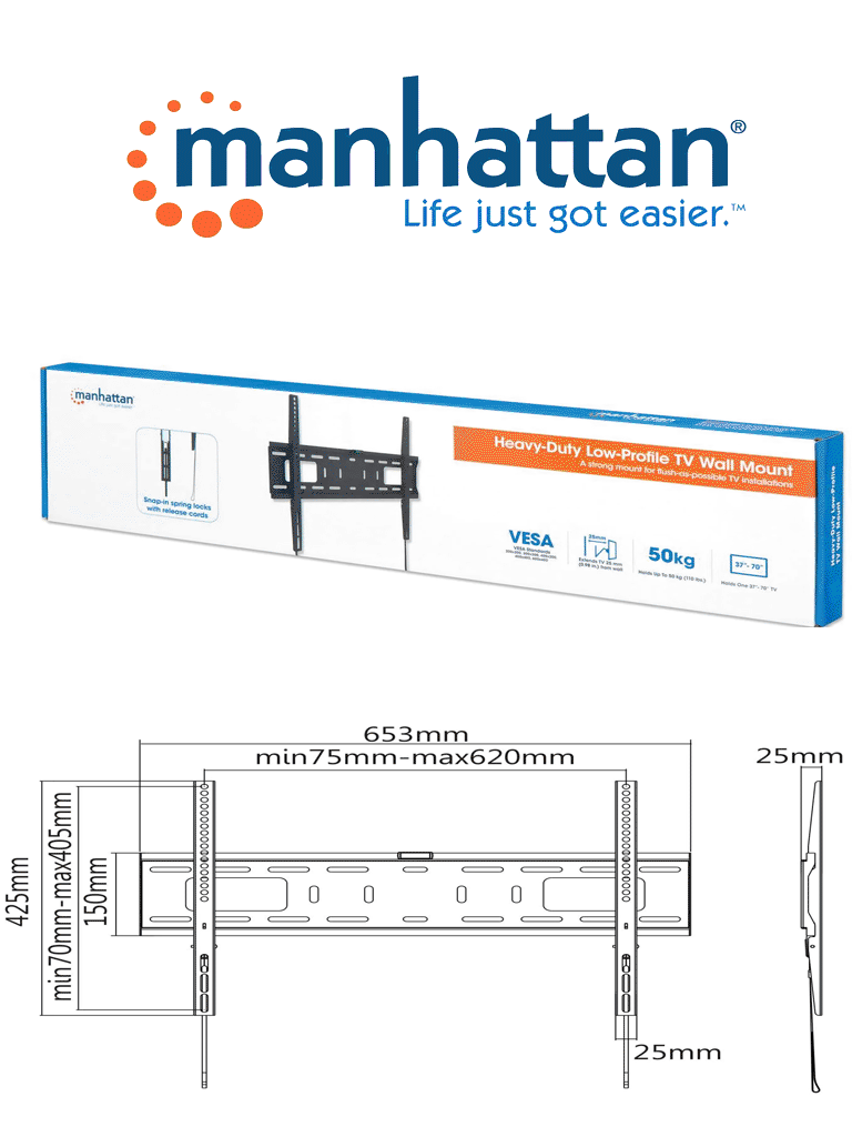 MANHATTAN 461986 - Soporte para monitor con montaje en pared / Pantallas de 37" a 70" / Soporta hasta 50 Kg / Diseño ultra delgado / Color Negro / VESA / Instalación Fija (Sobre Pedido)