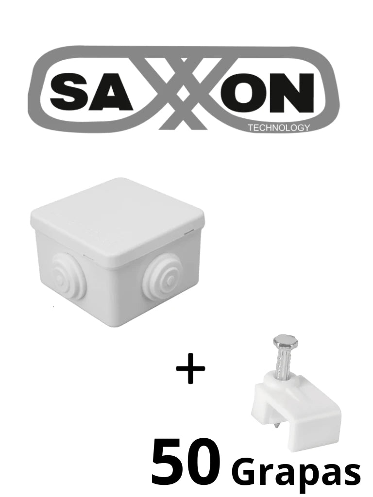 SAXXON SWD008LMG5MMC - Paquete de Caja de Conexiones 4 Entradas 80x80x50mm con Bolsa de Grapas Cuadradas de Pared de 6mm de alto Color Blanco 50 piezas
