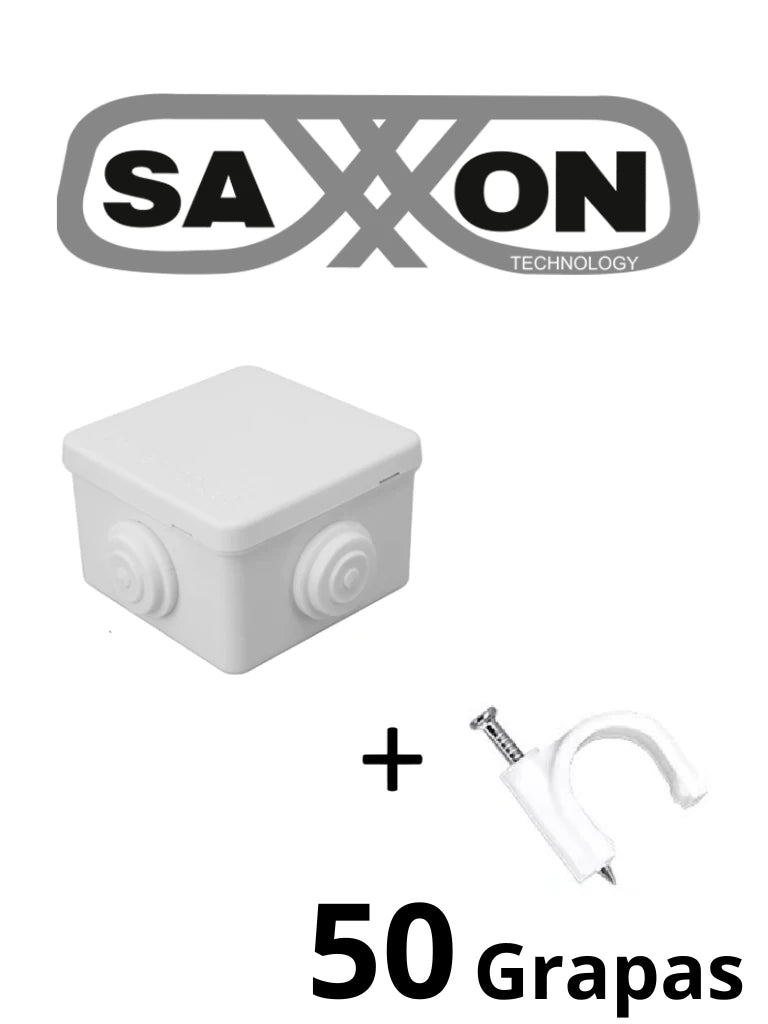 SAXXON SWD008LMGNCC5MMR - Paquete de Caja de Conexiones 4 Entradas 80x80x50mm con Bolsa de Grapas Redondas de Pared de 6mm de alto Color Blanco 50 piezas