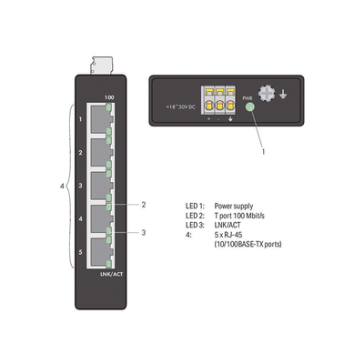 Switch Industrial ECO / 5 Puertos 100Base-TX / 10/100 Mbps Auto-Negotiation / Auto-MDI/MDI-X / Alimentación 18-30 VDC / IP30 / Montaje DIN-35