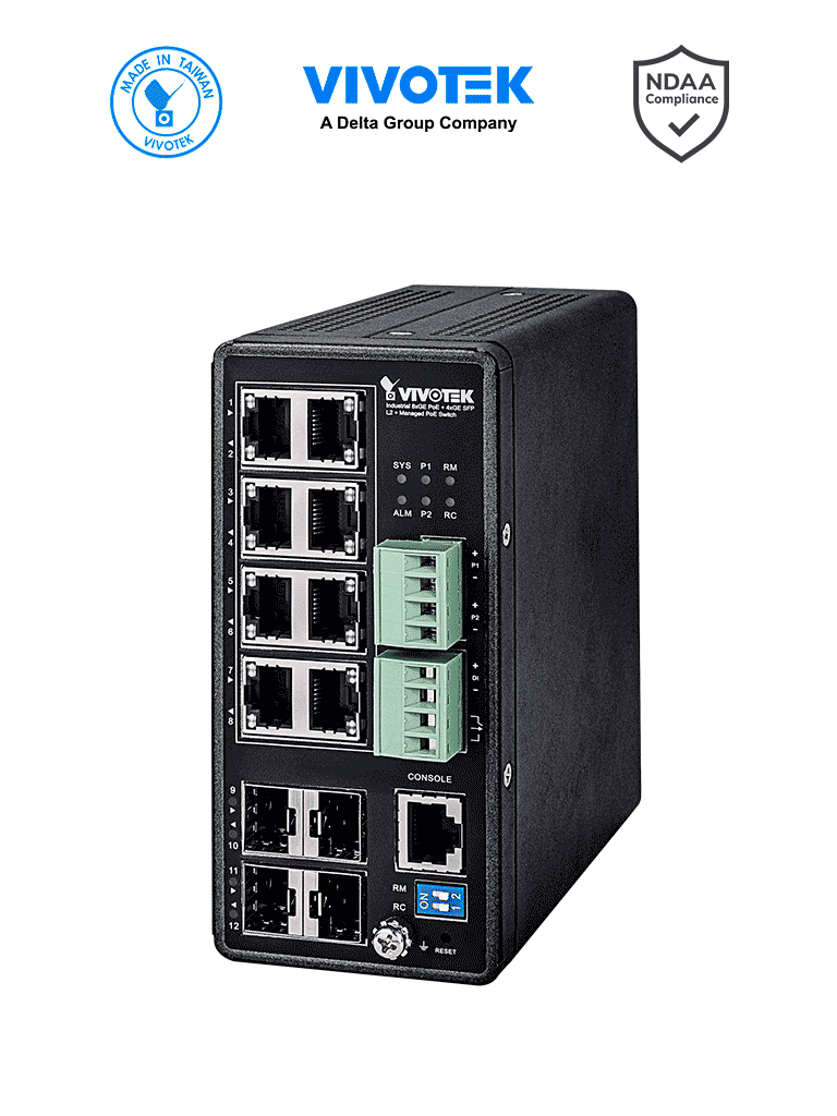 VIVOTEK AW-IHT-1271 - Switch PoE Industrial Vivocam L2+ Administrable, 8 puertos GE Poe, 4 puertos GE SFP, 30W por puerto, 240W Totales