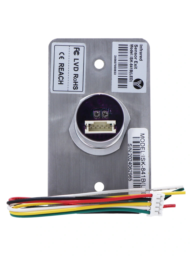 YLI ISK841BLED - Botón de Salida sin Contacto, Indicador LED, Acero Inoxidable, 12 VCC, Función NC/NO, Distancia de Detección y Retardo del Relevador Ajustables