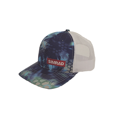 Gorra color azul y blanco con logo simrad