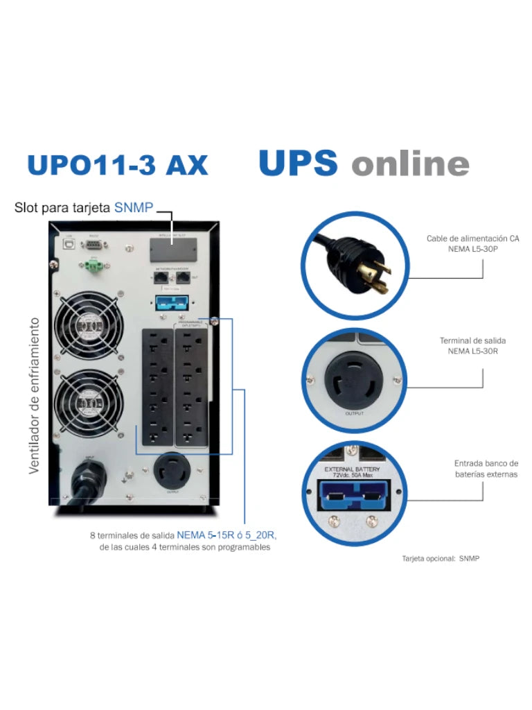 CDP UPO11-3 AX - UPS Online de 3000VA y 3000W con 8 terminales NEMA 5-15R, 4 programables, 1 terminal NEMA L5-30R, requiere clavija o adaptador para NEMA L5-30R