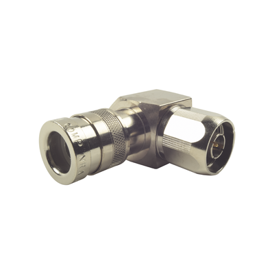 Conector N Macho de Compresion, Angulo Recto para LMR-400, CNT-400, Bronce-Blanco /Oro /Teflón.