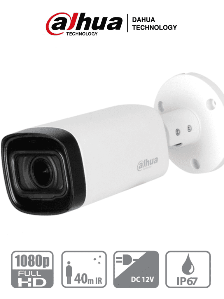 DAHUA HAC-B4A21-VF - Camara Bullet Varifocal de 2 Megapixeles/ Lente de 2.7 a 12mm/ Angulo Ajustable de 102 a 32 Grados/  IR de 40 Mts/ DWDR/ IP67/ Menu OSD/ Soporta: HDCVI/AHD/TVI y CBVS/