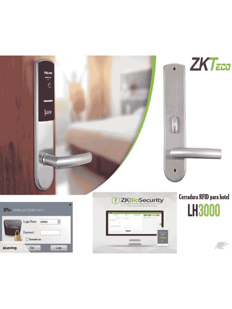 ZKTECO LH3000L - Cerradura Izquierda para Hotel con Tecnología Mifare 13.56 MHz, Compatible con Puertas de 40 a 55 mm de Grosor, 2 Pestillos de Seguridad, Fabricada en Acero Inoxidable, Capacidad de Registro de 224 Eventos