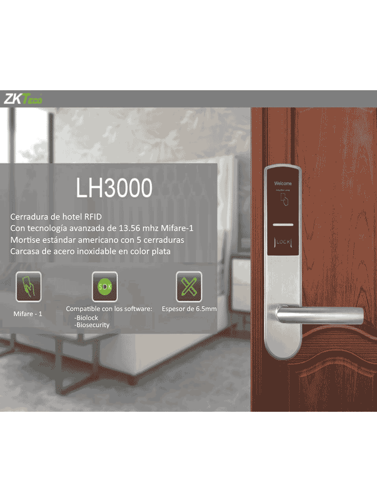 ZKTECO LH3000L - Cerradura Izquierda para Hotel con Tecnología Mifare 13.56 MHz, Compatible con Puertas de 40 a 55 mm de Grosor, 2 Pestillos de Seguridad, Fabricada en Acero Inoxidable, Capacidad de Registro de 224 Eventos