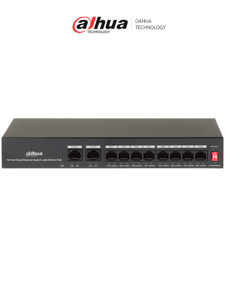 DAHUA PFS3010-8ET-65 - Switch Poe de 10 Puertos Fast Ethernet/ 8 Puertos Poe/ 2 Puertos Uplink/ 65 Watts Totales/ Soporta PoE Watchdog/ Switching 2.0 Gbps/ Con Protección de Descargas/
