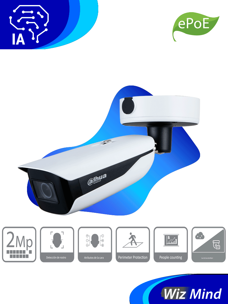 DAHUA IPC-HFW5242HN-ZHE-MF - Cámara IP Bullet Resolución de 2 MP/ Lente Mot. 2.7 a 18mm/ ∢ 107°-33.9°/ IR 70 mts/ IA WizMind/ Detección Facial/ Protección Perimetral/ Conteo de Personas/ Starlight/ ePoE/ WDR/ H.265+/ IP67/ IK10/ E&S Alarma/ E&S Audio/