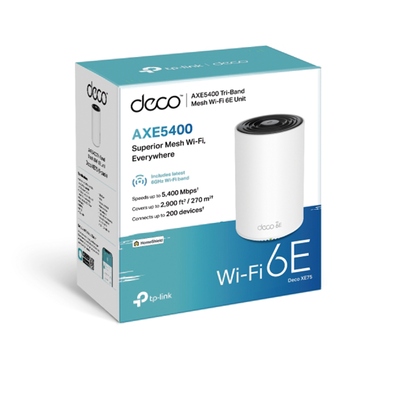 Router Inalámbrico MESH Interior para Hogar / Triple Banda Wi-Fi 6E AX5400 Mbps / 3 Puerto Gigabit WAN/LAN / 4 Antenas Internas / Administración Mediante la App Deco (iOS, Android) / Protección HomeShield