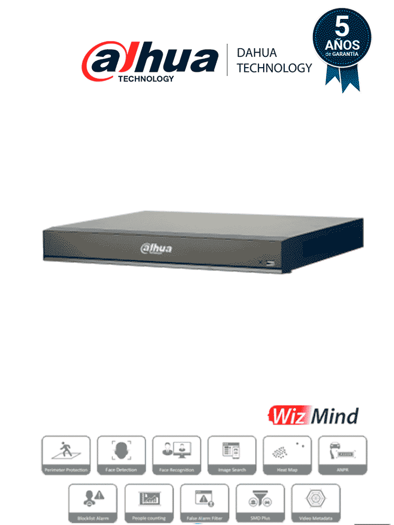 DAHUA DHI-NVR5216-16P-I/L - NVR de 16 Canales 4k/ WizMind/ 16 Puertos PoE/ H.265+/ 4  Canales de Reconocimiento Facial/ 20 Bases de Datos de Rostros/ 2 Bahías de Discos Duros/ Rendimiento de 320 Mbps/ 4&2 E&S de Alarma/