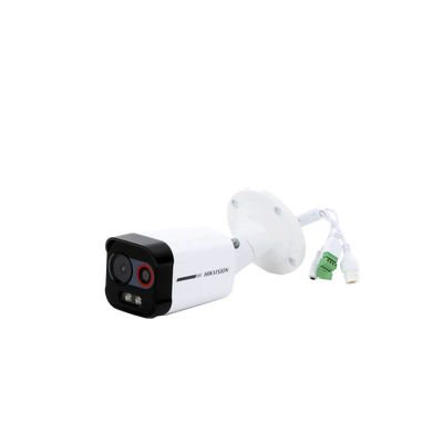 Cámara Bala IP Térmica y Óptica Biespectral / Análisis de Video (VCA) para Protección Perimetral / Clasifica Vehículo/Humano / Térmica 96 x 72 / Óptica 4 MP ColorVu / IP67 / Audio y Alarma Visual