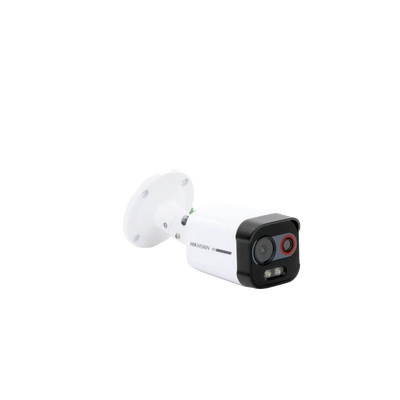Cámara Bala IP Térmica y Óptica Biespectral / Análisis de Video (VCA) para Protección Perimetral / Clasifica Vehículo/Humano / Térmica 96 x 72 / Óptica 4 MP ColorVu / IP67 / Audio y Alarma Visual