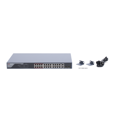Switch  PoE+ / Monitoreable / 24 Puertos 100 Mbps PoE+ / 2 Puertos 1000 Mbps + 2 Puertos SFP de Uplink (COMBO) / Configuración Nube Hik-Partner Pro / Modo Extendido hasta 300 Metros / 370 Watts