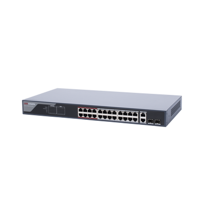Switch  PoE+ / Monitoreable / 24 Puertos 100 Mbps PoE+ / 2 Puertos 1000 Mbps + 2 Puertos SFP de Uplink (COMBO) / Configuración Nube Hik-Partner Pro / Modo Extendido hasta 300 Metros / 370 Watts