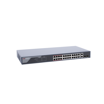 Switch  PoE+ / Monitoreable / 24 Puertos 100 Mbps PoE+ / 2 Puertos 1000 Mbps + 2 Puertos SFP de Uplink (COMBO) / Configuración Nube Hik-Partner Pro / Modo Extendido hasta 300 Metros / 370 Watts