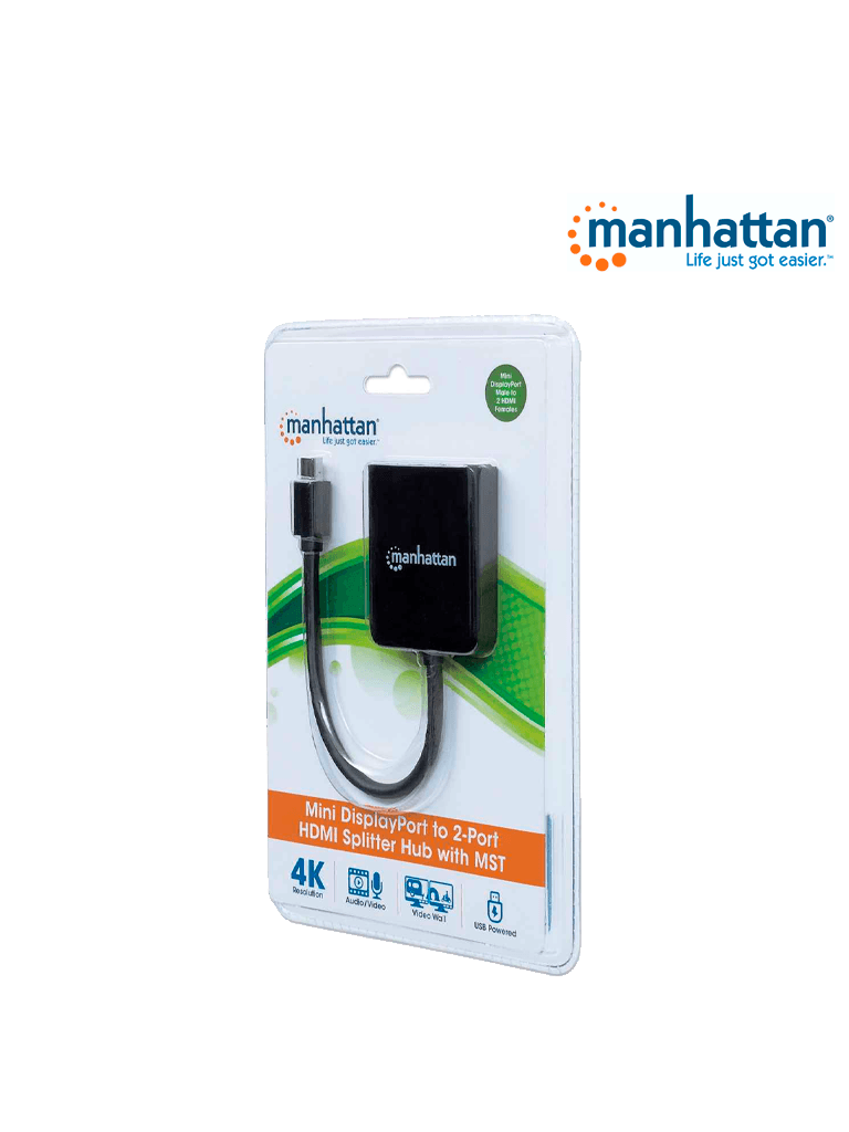 MANHATTAN 152723 - Convertidor / Splitter de Mini DisplayPort a 2 Puertos HDMI/ Resolución 4K@30Hz/ Soporta Modos de Espejo, Escritorio Extendido y Video Wall/ Video full 3D y Color Intenso/ Soporta DTS Master Audio Comprimido/