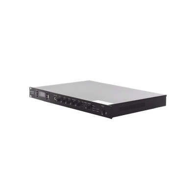Amplificador de Audio | 1 canal | 350 W | Sistema 100V y Baja Impedancia | 4 Entradas de Micrófono Balanceadas | Bluetooth | USB | SD | FM | Montaje en Rack
