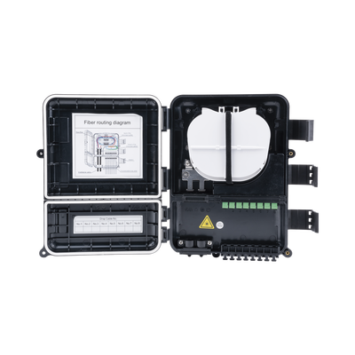 Caja de Distribución de Fibra Óptica para 24 Empalmes, con 8 Acopladores SC/APC Simplex, Exterior IP55, Color Negro
