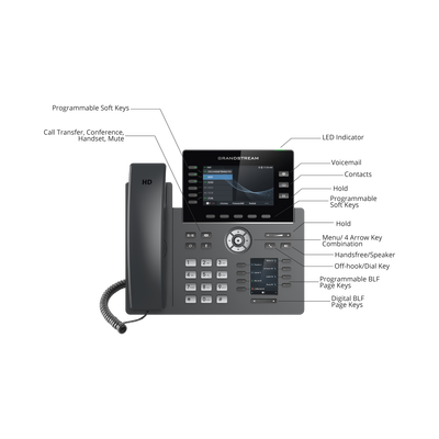 Teléfono IP Wi-Fi, Grado Operador, 6 líneas SIP con 6 cuentas, pantalla a color 4.3", puertos Gigabit, Bluetooth, PoE, codec Opus, IPV4/IPV6 con gestión en la nube GDMS