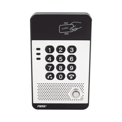 Audio Portero IP con 2 líneas SIP, relevador integrado, teclado numérico y lectora de tarjetas RFID para control de acceso, PoE