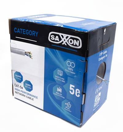 SAXXON OUTP5ECOP305BC - Bobina de Cable UTP Cat5e 100% Cobre/ 305 Metros/ Bobinado REELEX/ Color Blanco/ Uso Interior/ 4 Pares/ Soporta Pruebas de Rendimiento/ Ideal para Cableado de Redes y Video/