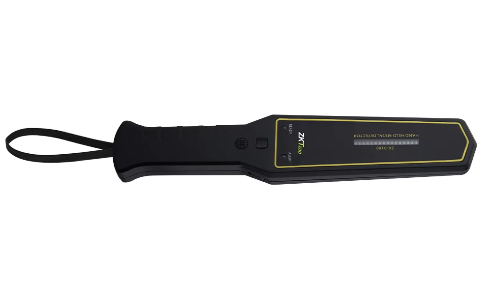 ZKTECO D180 - Detector de metales portátil con alta sensibilidad, indicador visual y alarmas sonora y de vibración. Su batería recargable de 9VDC proporciona hasta 40 horas de uso continuo, ideal para aplicaciones de seguridad eficientes y prolongadas.