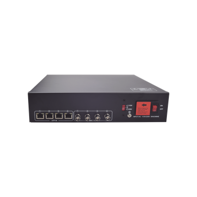 Kit de TRANSCEPTOR ACTIVO DE 4 CANALES / VIDEO+PODER en un solo Cable UTP / 150 metros en 4K, 200 metros en 5 MP/ Envía 36 Vcc y Recibe 12 Vcc / TODO INCLUIDO PARA RACK / Compatible con cámaras HD-TVI/CVI/AHD/CVBS / INSTALACIÓN LIMPIA