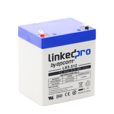 Batería 12 V / 5.5 Ah / UL / Vida útil promedio 5 años / Tecnología AGM / Para uso en equipo electrónico, Alarmas de Intrusión / Incendio/ Control de acceso / Video Vigilancia / Terminales F1 ( Incluye adaptador F