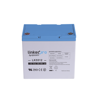 Batería 12 V / 55 Ah / UL / Tecnología AGM / Vida útil promedio de 5 años / Para uso en equipo electrónico, Alarmas de Intrusión / Incendio/ Control de acceso / Video Vigilancia / T2