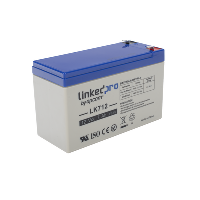 Batería 12 V / 7 Ah / UL / Tecnología AGM / Vida útil promedio 5 años / Uso en equipo electrónico, Alarmas de Intrusión / Incendio / Control de acceso / Video Vigilancia / Terminales F1 ( Incluye adaptador F2 )