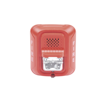 Sirena con Lámpara Estroboscópica / a 2 Hilos / Montaje en Pared / 12 o 24 Vcd / Configuración Estroboscópica Seleccionable / Texto en Inglés / Color Rojo