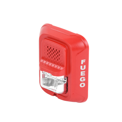Sirena con Lámpara Estroboscópica a 2 Hilos, Montaje en Pared, Color Rojo, Configuración Estroboscópica Seleccionable y Texto en Español, Nuevo Diseño Moderno y Elegante y Menor Consumo de Corriente