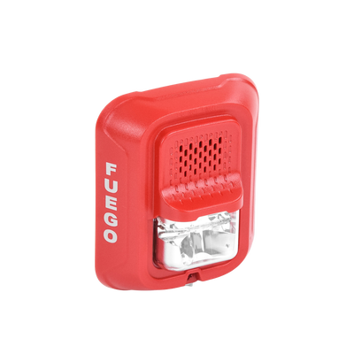 Sirena con Lámpara Estroboscópica a 2 Hilos, Montaje en Pared, Color Rojo, Configuración Estroboscópica Seleccionable y Texto en Español, Nuevo Diseño Moderno y Elegante y Menor Consumo de Corriente